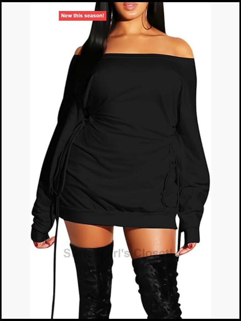 Off Shoulder Long Sleeve Lace Up Loose Mini Dress Club Night Out